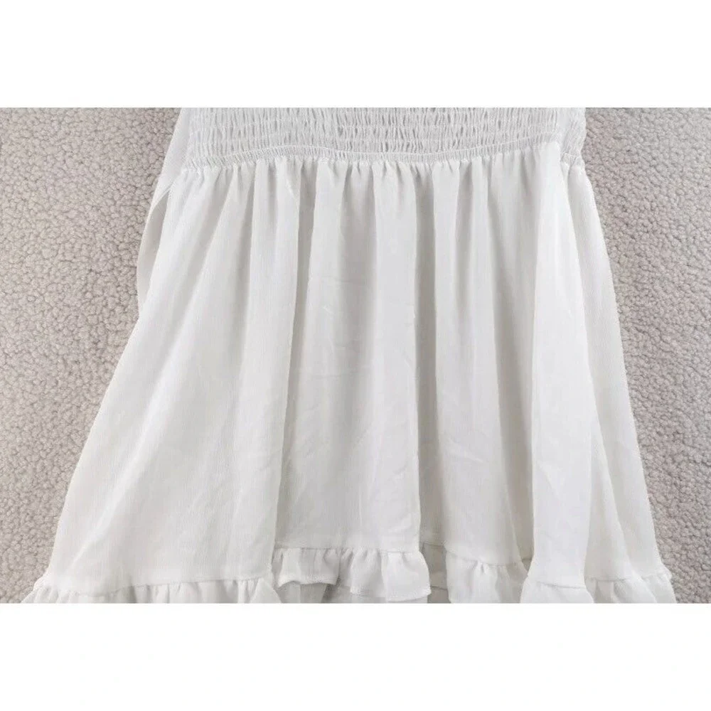 Cottagecore Puff Sleeve Tie Front Ruffle Mini Dress Smocked Waist Womens S White